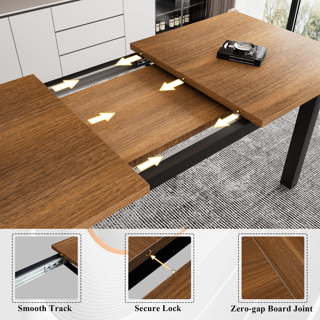 iPormis 5-Piece Dining Table Set for 4-8 People, Extendable Kitchen Table Set with 2 Benches and 2 Square Stools, Mid-Century Dining Room Table with Metal Frame & MDF Board, Saving Space, Walnut iPormis