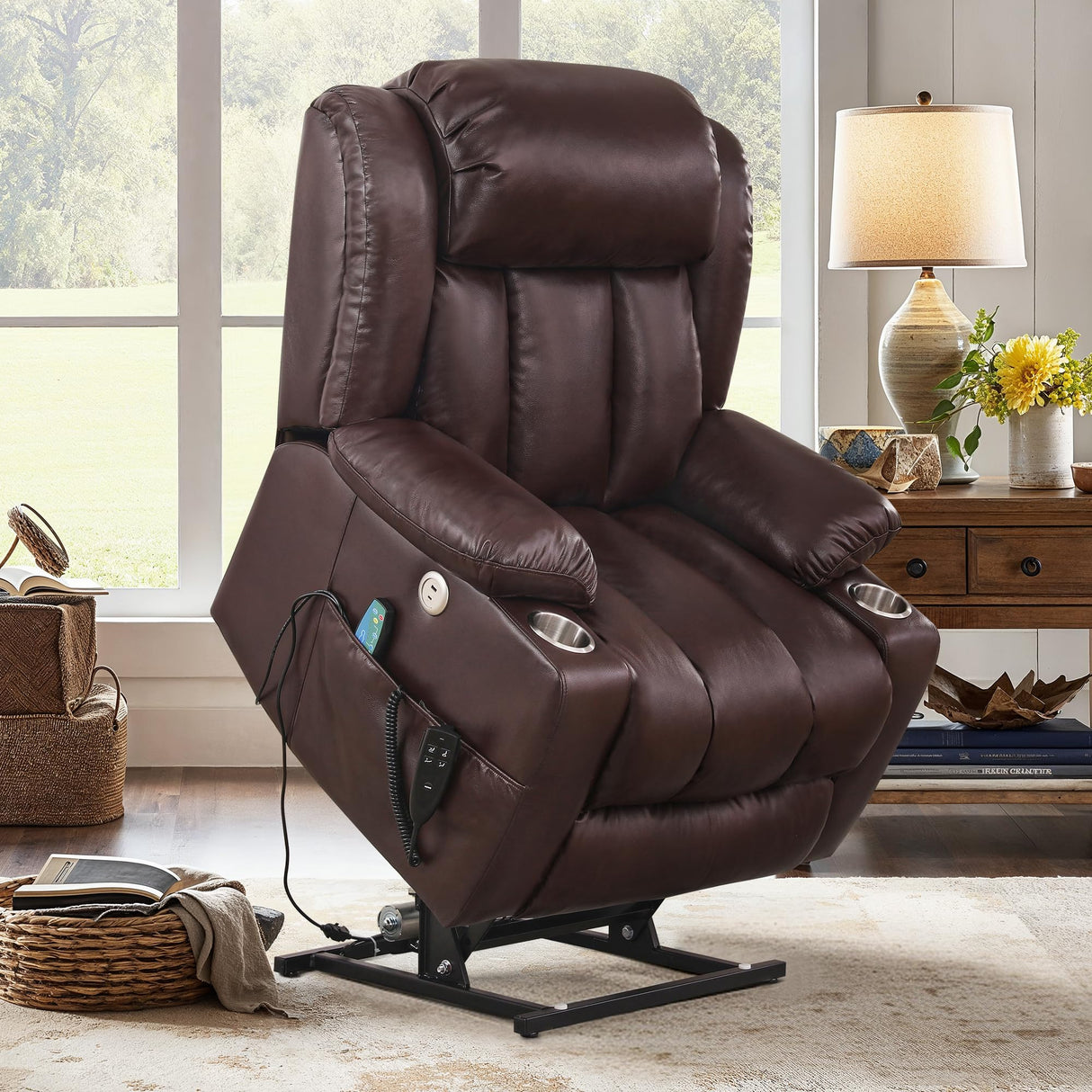 Cozyman Dual Motor Power Lift Recliner Chair for Elderly, Oversized Recliner Chair for Adults, Lift Recliner Chair with Heat and Massage, Infinite Position, USB Ports, Faux Leather, Dark Brown Cozyman