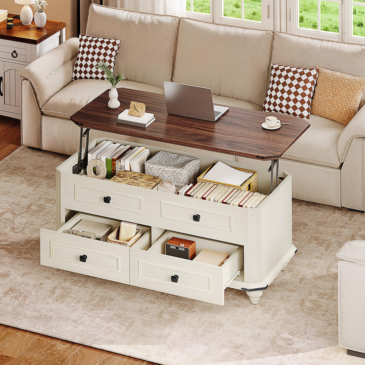 DWVO Lift Top Coffee Table with Storage, Farmhouse Wood Central Table w/Large Hidden Compartment, 2 Storage Drawers, Lift Tabletop Dining Table for Living Room, Reception Room, Rustic White DWVO