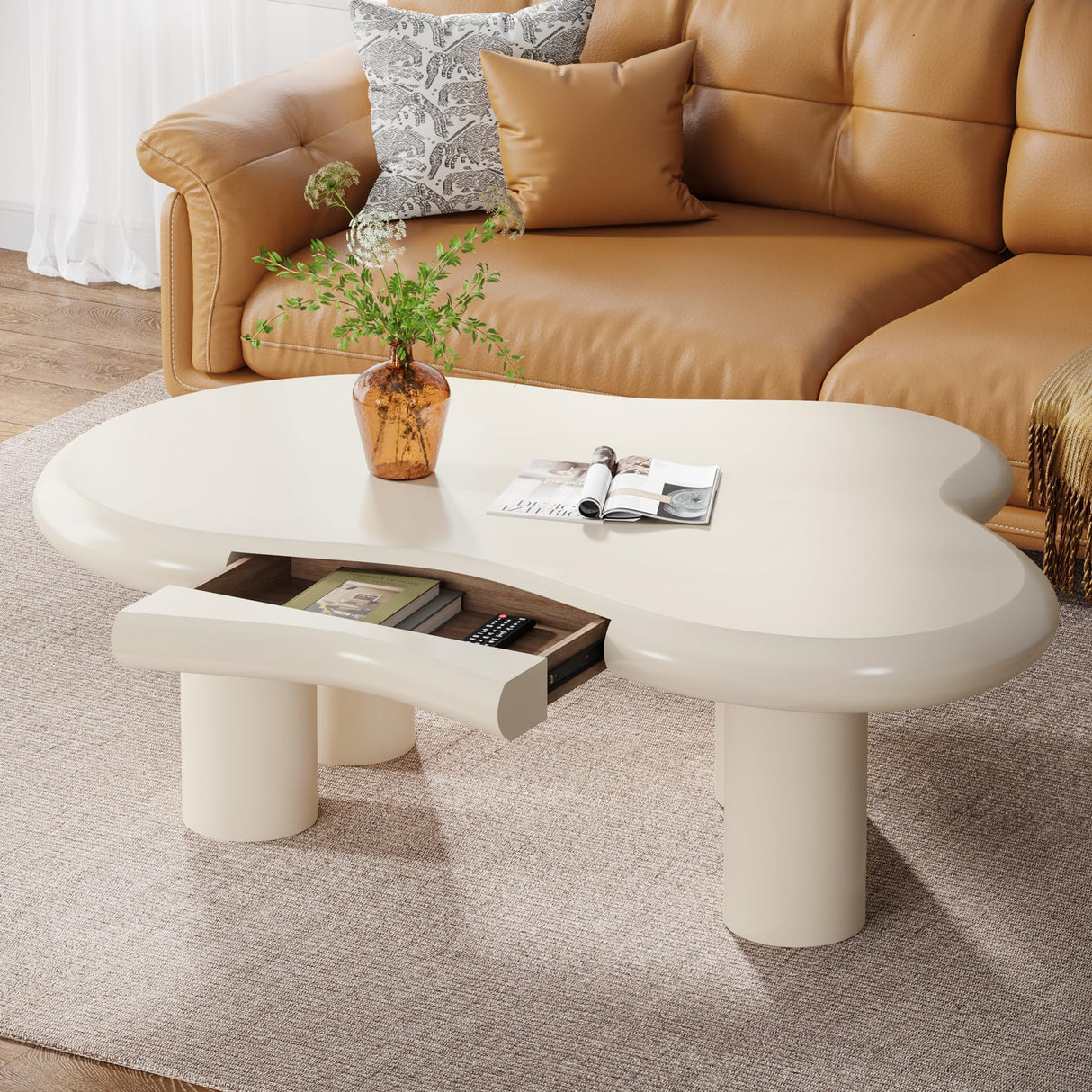 Tribesigns 46.4" Cloud Coffee Table with Storage Drawer, Modern White Irregular Center Tea Table with 4 Legs for Living Room Tribesigns