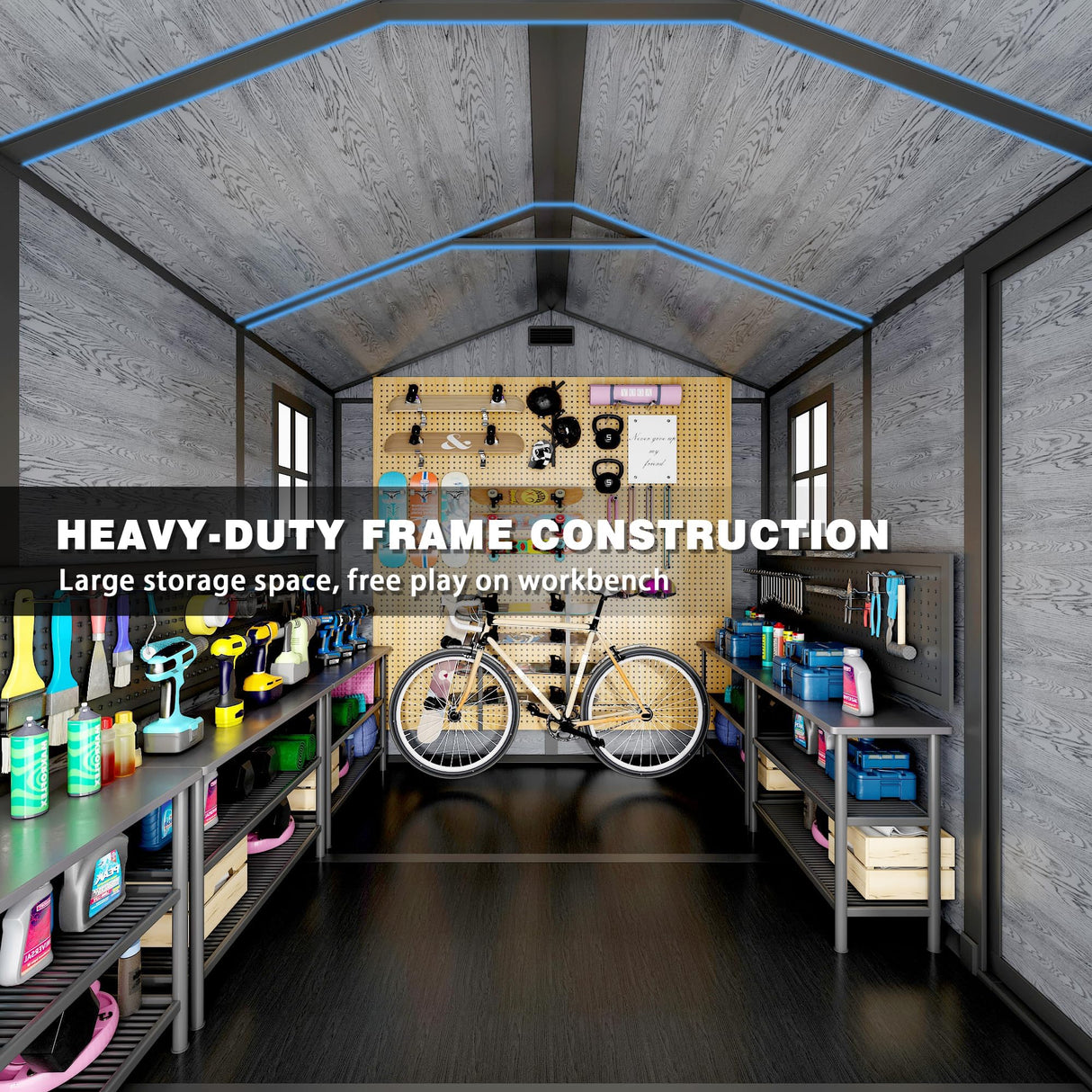 10x8 FT Resin Outdoor Storage Shed with Floor, Weather-Resistant Plastic Garden Shed with Windows, Lockable Door and Vents, Outside Tool Storage Sheds for Backyard, Garden, Lawn, Wood Grain Pipleo