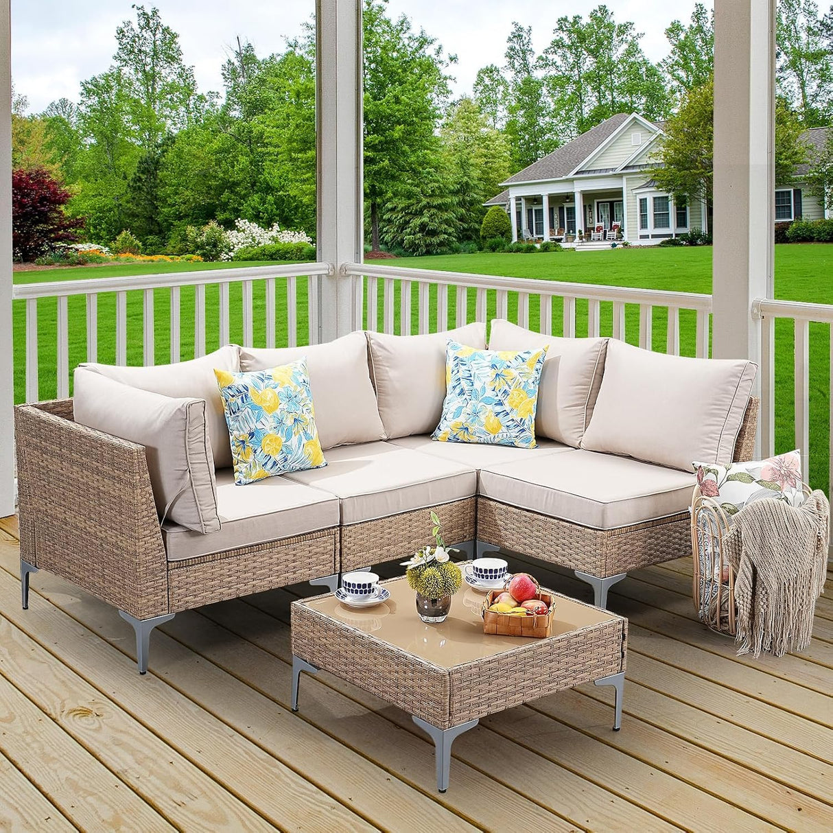 Jing's Villa 5-Piece Outdoor Patio Furniture Set,Rattan Conversation Sectional Sofa w/Coffee Table, All-Weather Patio Conversation Set with Thick and Anti-Slip Cushions for Backyard,Deck,Porch,Beige Jing's Villa
