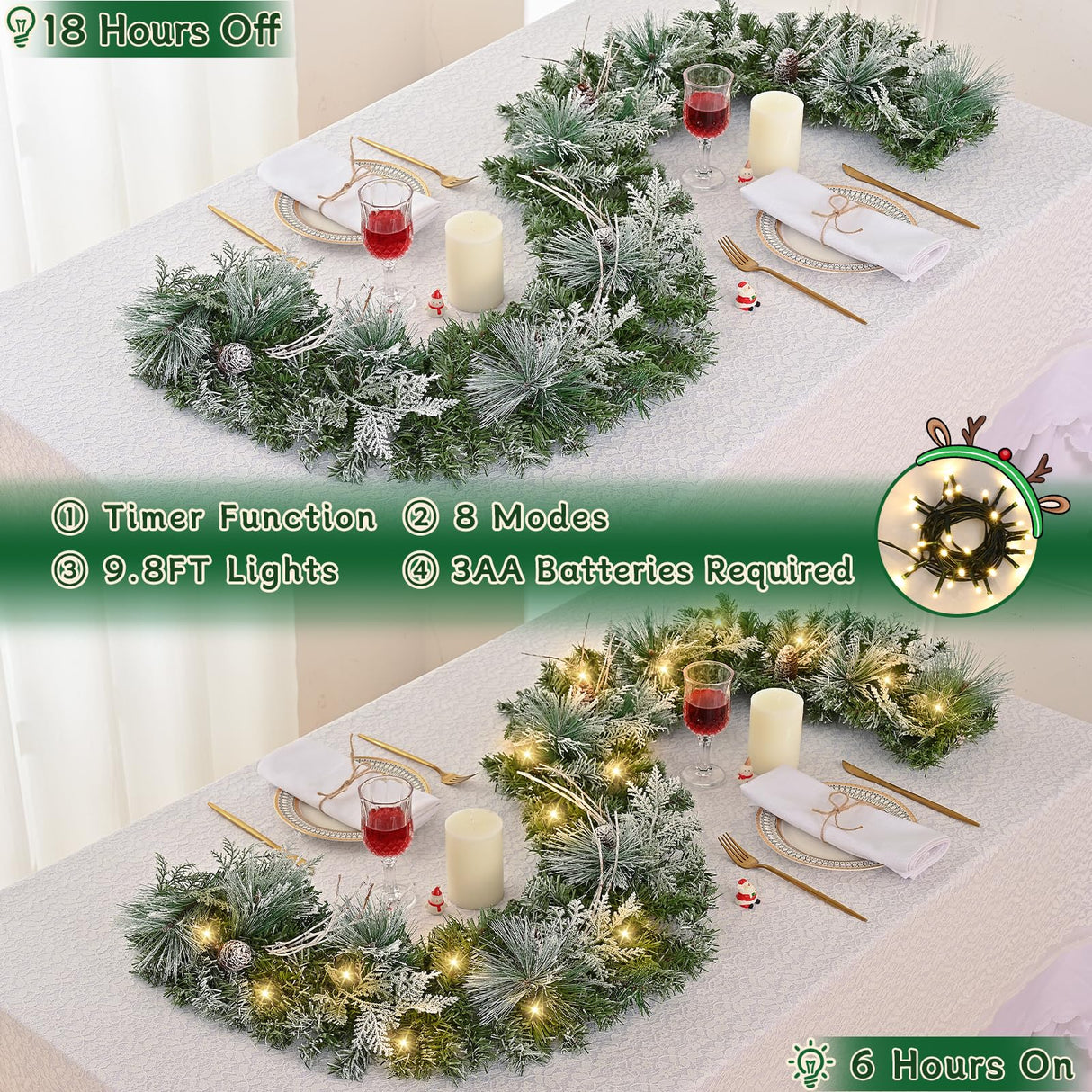 6 FT Christmas Garland with Lights, Artificial Flocked Pine Garland for Mantle, Lighted Garland Real Touch Norfolk Pine with Frost Leaves Pinecones for Indoor Outdoor Christmas Decorations Yastouay