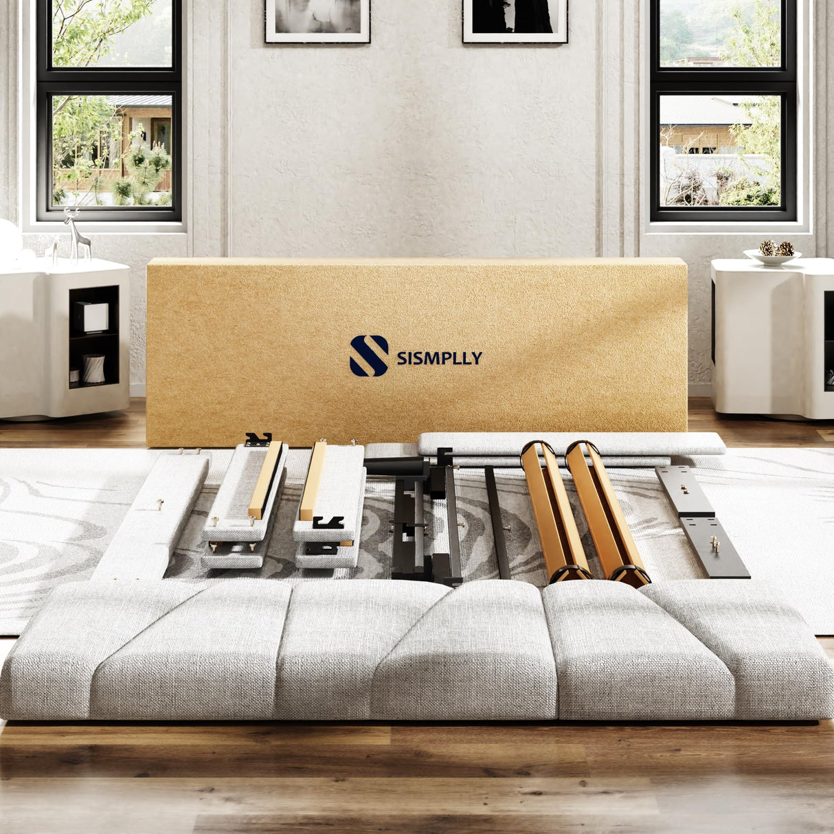 Queen Size Platform Bed Frame with Upholstered Headboard, Wooden Slats Support, Noise Free, No Box Spring Needed, Easy Assembly, Light Grey, Linen Sismplly