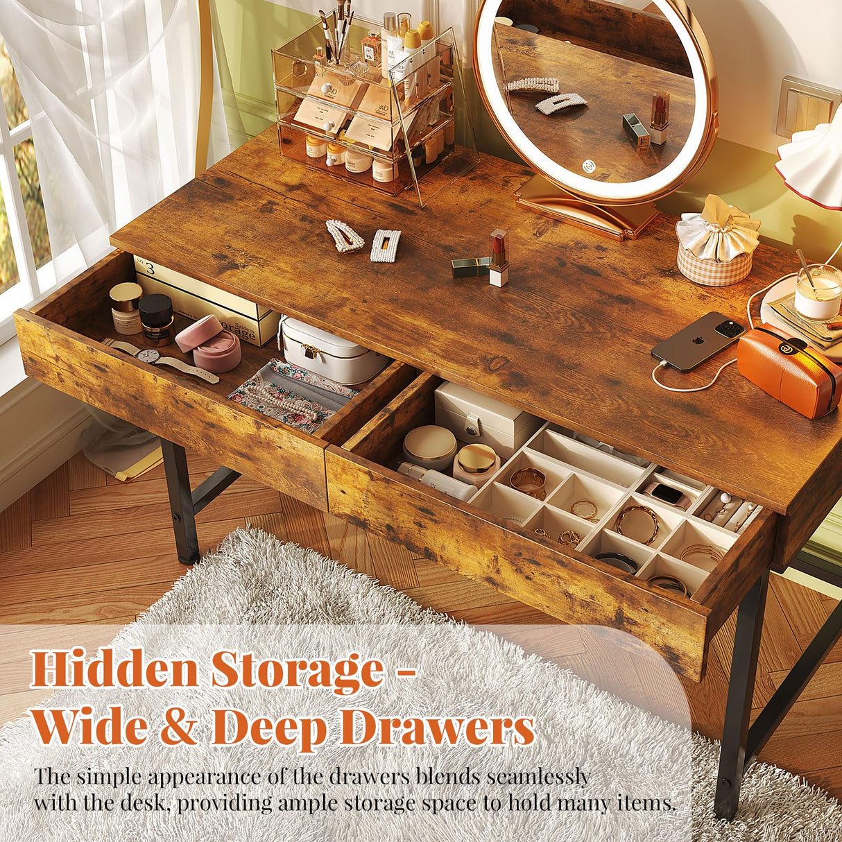 VERMESS 40Inch Solid Wood Desk with Drawers,Home Office Desk for Small Space,Modern Makeup Vanity Desk,Writing/Study/Work Table, Kids Desk for Bedroom (Wood, Rustic Brown) VERMESS