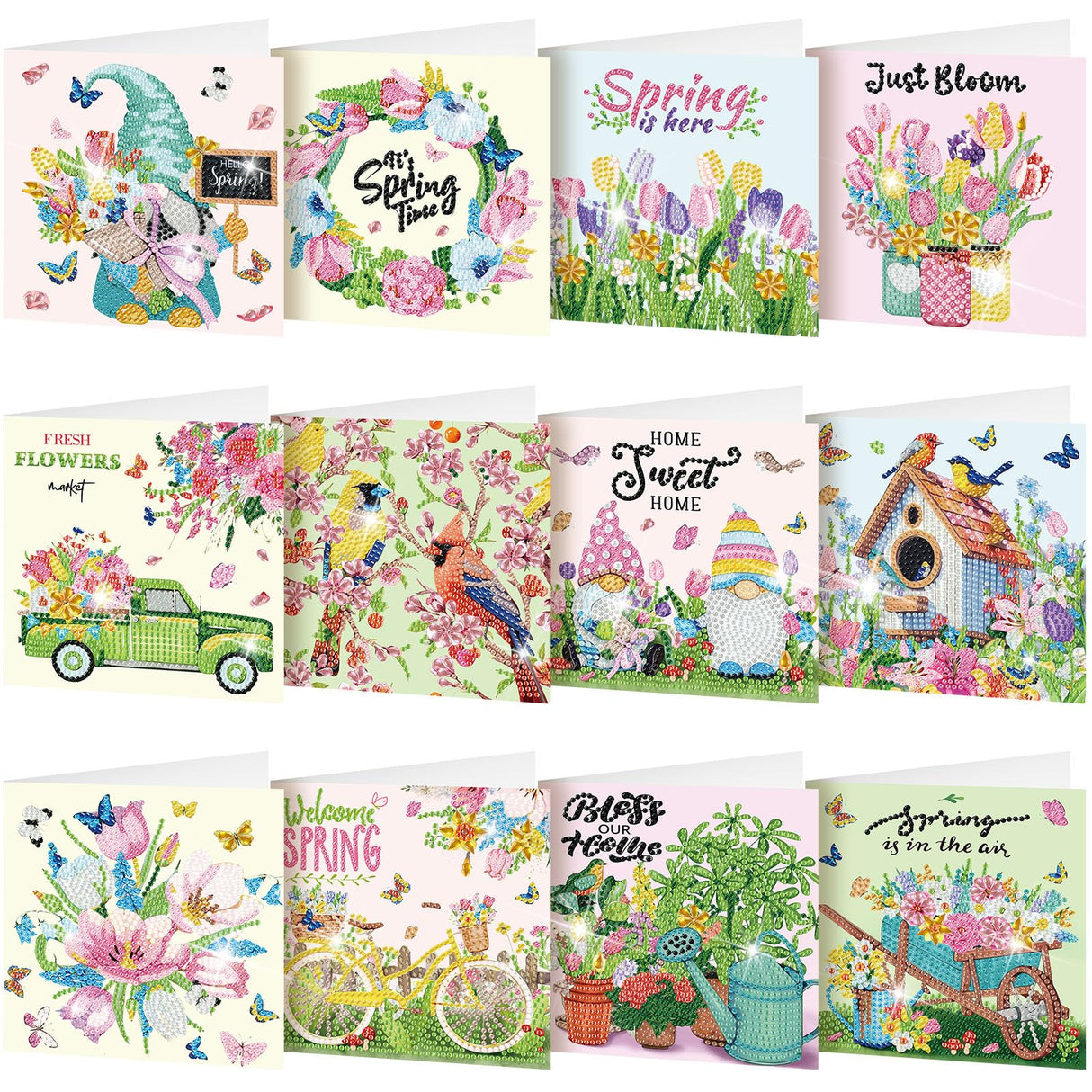 Saillong 12 Pack Spring Diamond Painting Greeting Card Kits Easter Diamond Art Cards with Envelopes Gnome Tulips Flowers 5d Rhinestones Painting Kits for Adults DIY Crafts Family Friend Spring Gifts Saillong