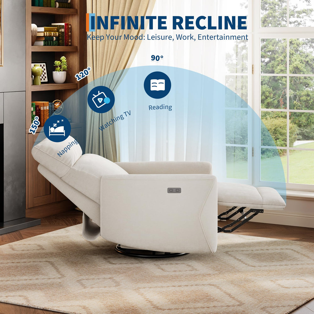 GarveeHome Power Recliner Chair, 270° Swivel Rocking Glider with USB Charging Port, Soft Chenille Upholstered Fabric, Ergonomic Modern Nursery Chair for Living Room, Bedroom, Nursery (Beige) GarveeHome