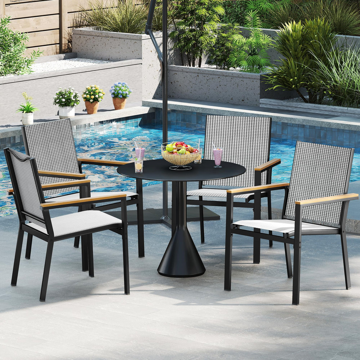 DWVO Stackable Patio Chairs Set of 2, All-Weather Patio Seating with Olefin Fabric and Faux Wood Armrests, Black & White Plaid Pattern DWVO