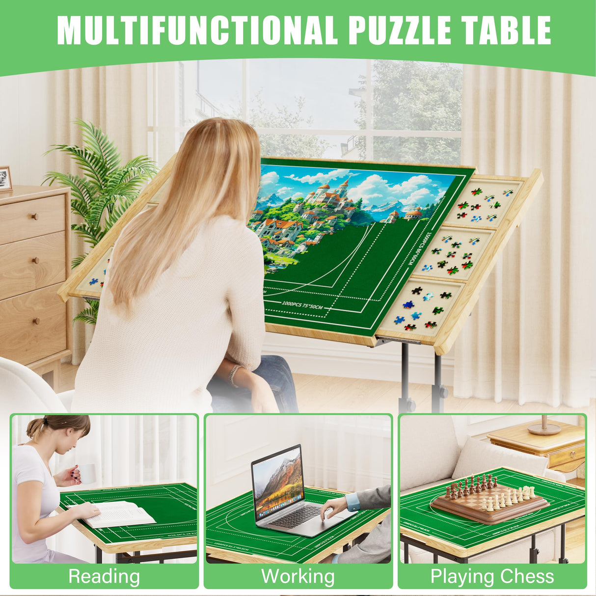 CODACE Puzzle Table with Drawers - 1500 Pieces Jigsaw Puzzle Tables for Adults, Tilting Puzzles Board with Cover, Puzzles Table with Storage and Adjustable Height Legs,Present for Puzzles Enthusiast CODACE