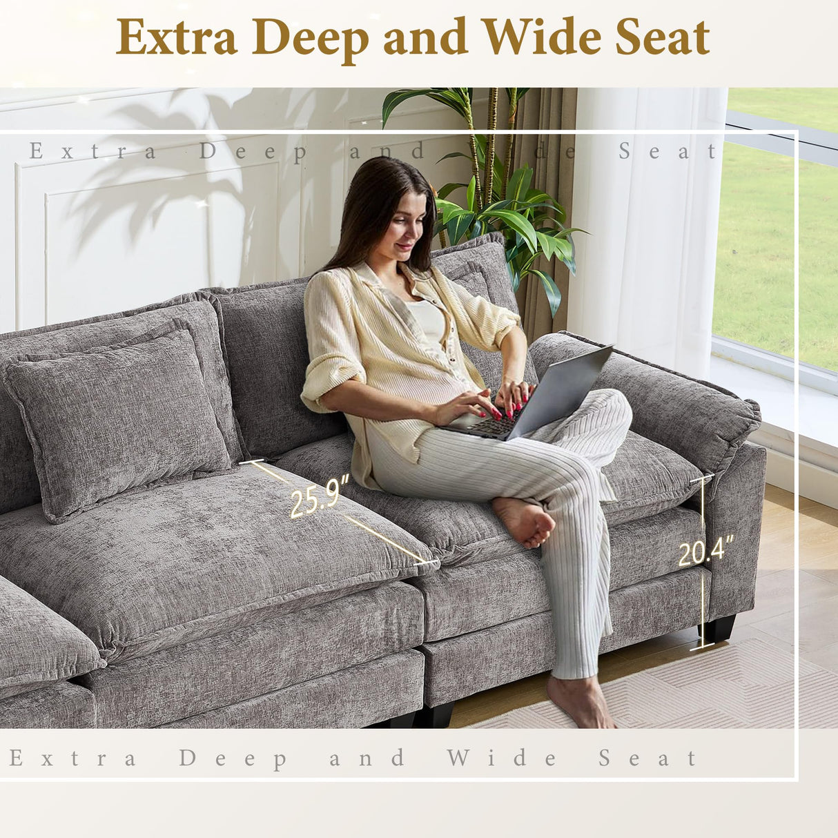 URRED Modular Sectional Sofa Comfy Cloud Couch, Modern Chenille Sofa Sleeper Deep Seat Couches with Ottoman/Pillows for Living Room (Gray, 154'' - U Shape) URRED