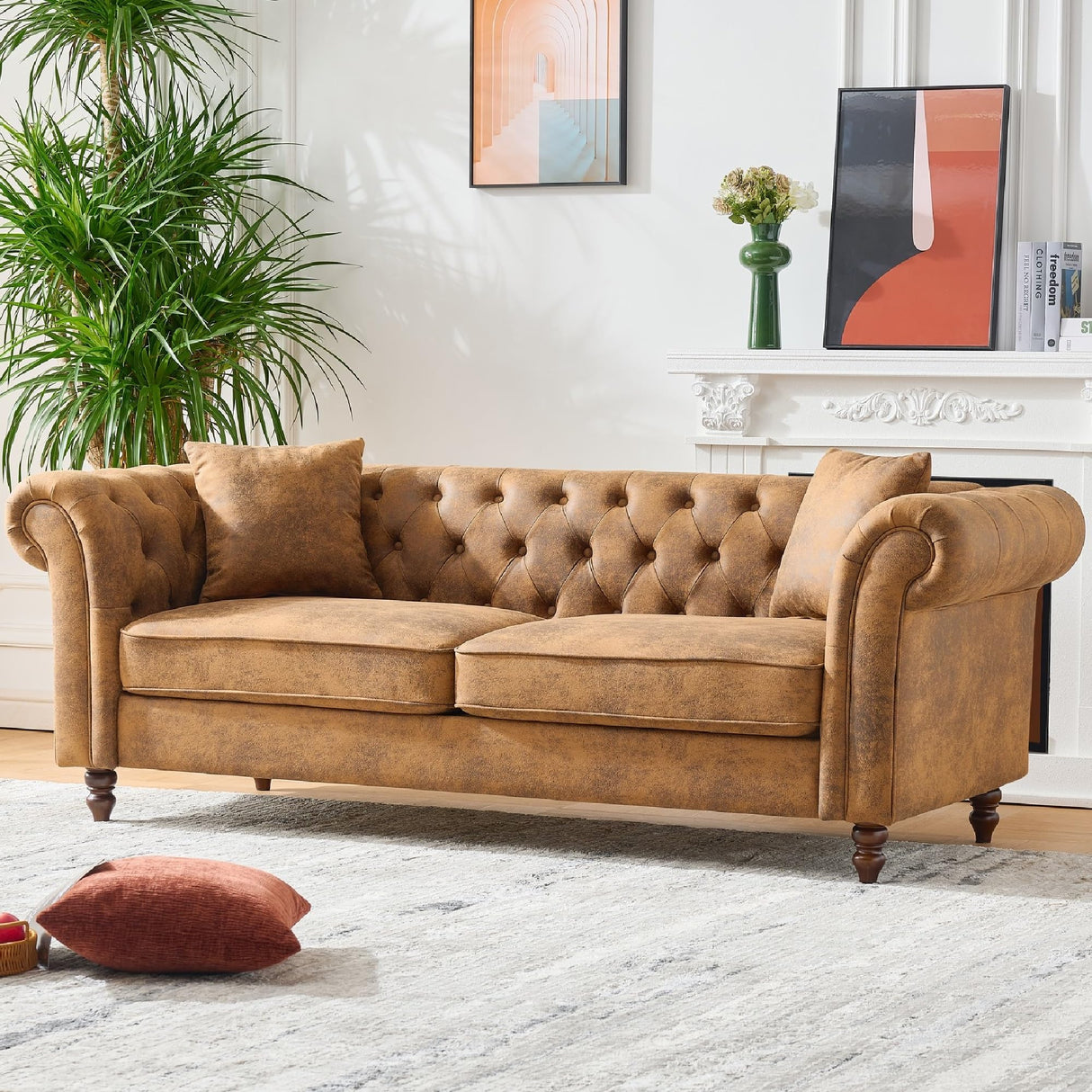 KEIKI 83" Luxury Chesterfield Leather Sofa, Mid Century Modern 3 Seater Couch w/Roll Armrest, Comfy Sleeper Cloud Couches SofaBed for Office, Apartment Living Room & Bedroom, Easy Assembly, Brown KEIKI