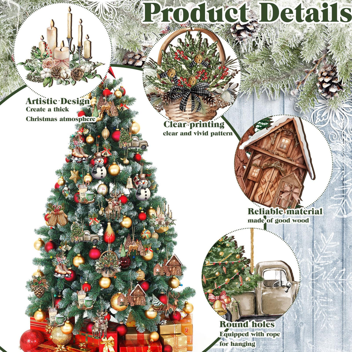 36 Pieces Christmas Wooden Tree Hanging Ornaments Christmas Wooden Pine Cone Elk Truck Snowman Gingerbread House Hanging Signs Christmas Wooden Decor with Rope for Xmas Party Huwena