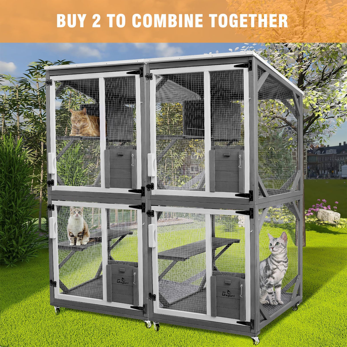 GEGURI Large Cat House Outdoor Catio Enclosure, Indoor Wooden Kitten Cage with Upgraded Resting Box, Waterproof Roof GEGURI
