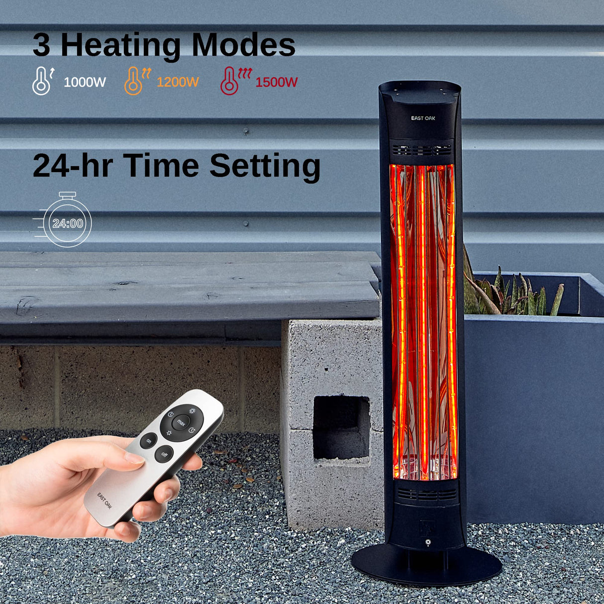 EAST OAK Outdoor Indoor Patio Heater, 1500W Electric Infrared Heater with Tip-Over & Overheat Protection, 24H Timer, Remote, IP65 Waterproof Portable Radiant Tower Heater for Garage, Decks, Backyard EAST OAK