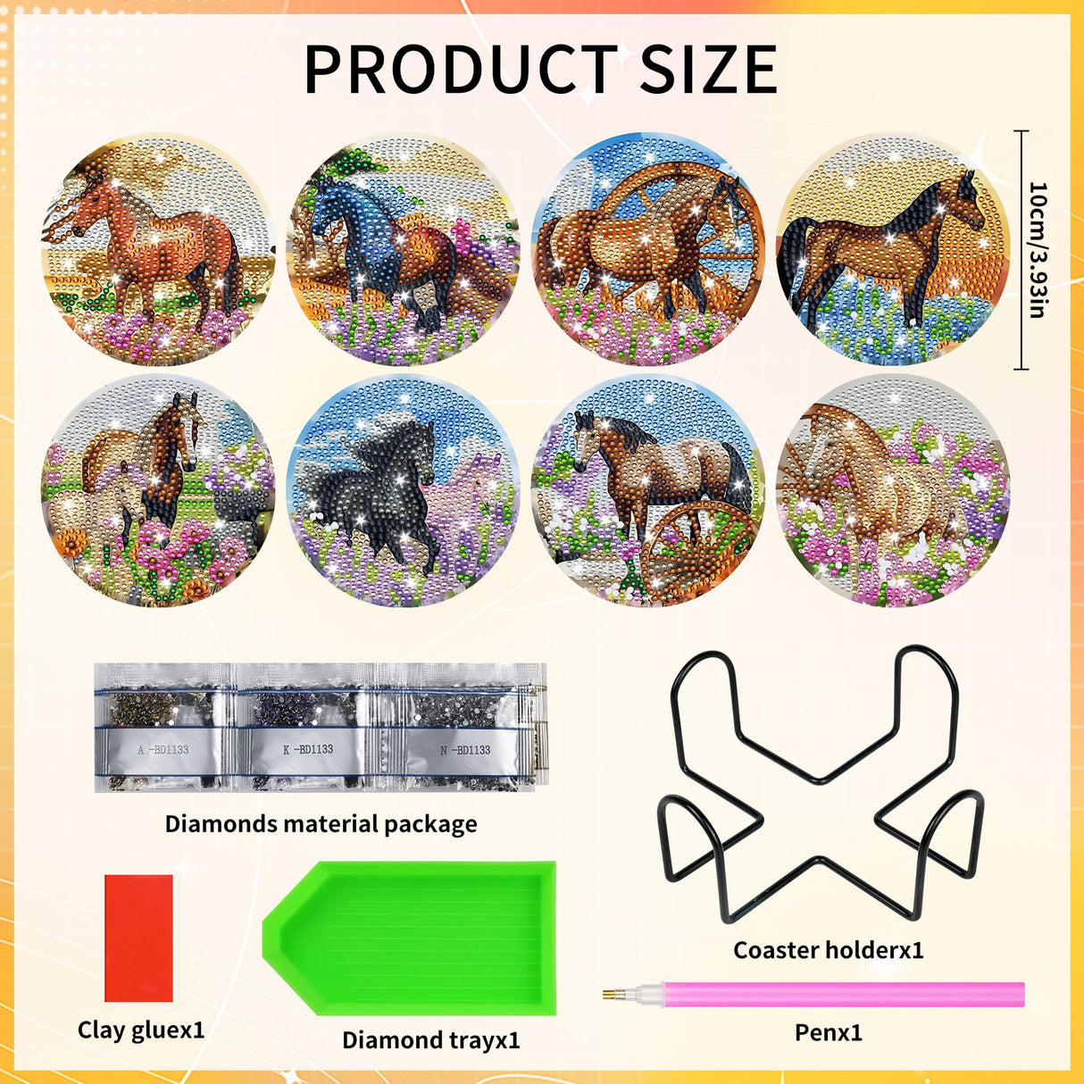 Spring Horse Diamond Art Coasters: 8 Pcs Standing Horse Diamond Painting Coasters with Holder, DIY Crafts Kit for Adults Beginners Home Decor Gifts CRASHOT