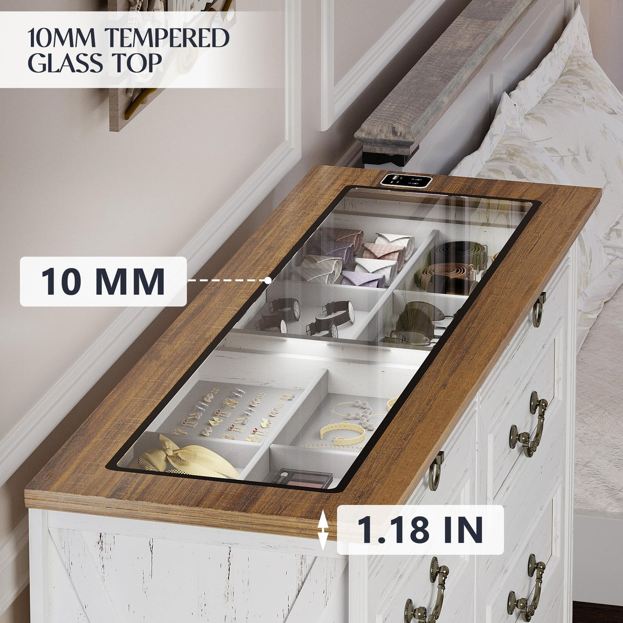 Lareth Farmhouse 6 Drawer Dresser for Bedroom 47 inch Wooden Double Chest of Drawers with Glass Top LED Lights Charging Station One Hidden Drawer Closet Dresser Tv Stand for Living Room, Antique White Lareth