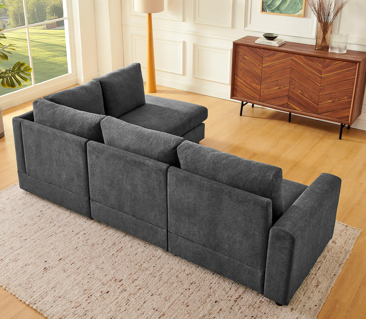 Elevyoliv 100" L Shaped Sectional Couch with Chaise, Modern 4-Seater Sectional Couches for Living Room, Comfy Chenille Corner Sofa for Apartment, Dark Grey Elevyoliv