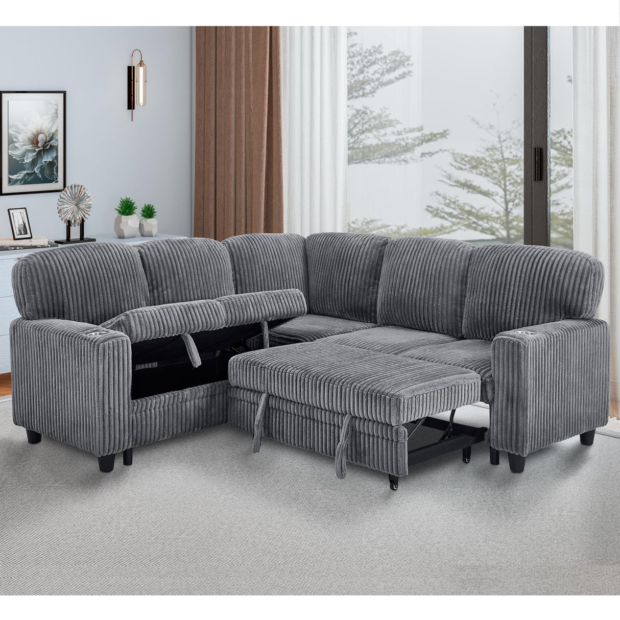 Ball & Cast L-Shaped Sleeper Sofa Bed,5 Seater Sectional Couch with Pull Out Bed and USB Charging,Cupholders & Storage Seats,Convertible Sofa Bed for Living Room,Apartment,Corduroy Fabric,Gray,81" Ball & Cast