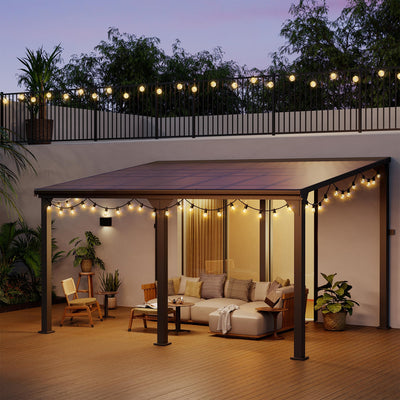 Pamapic 10 * 14FT Wall Mounted Gazebo,4*4 Inch Thickened Pillars & Enlarged Base,Outdoor Hardtop Lean to Pergola,UV Resistant Polycarbonate Roof,Aluminum Frame Pergola,Outdoor Patio Awnings for Lawn