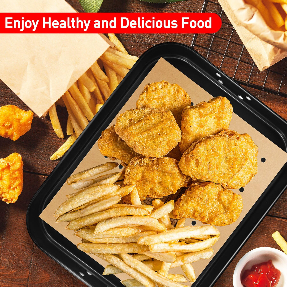 Air Fryer Liners Disposable, Parchment Paper for Baking, 100 Pcs 11 x 9 inch Unbleached Parchment Paper Sheets, Perforated Rectangular Baking Papers, HOFHTD Nonstick Air Fryer Accessories HOFHTD