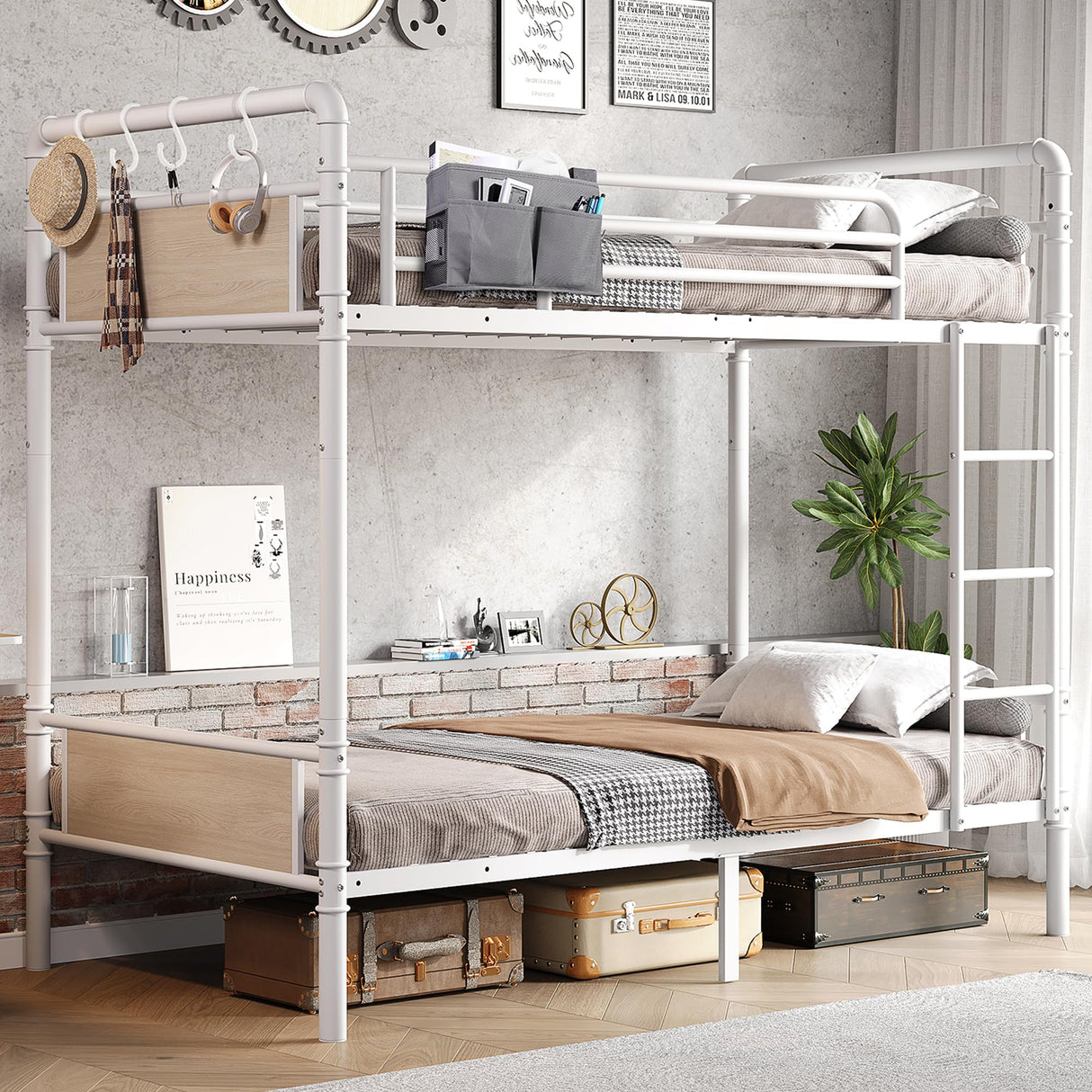 Jocoevol Metal Bunk Bed Twin Over Twin, Industrial Bunkbeds Heavy Duty Bed with Safety Guard Rails and Space-Saving Design, Steel Bed for School, Bedroom (White) Jocoevol