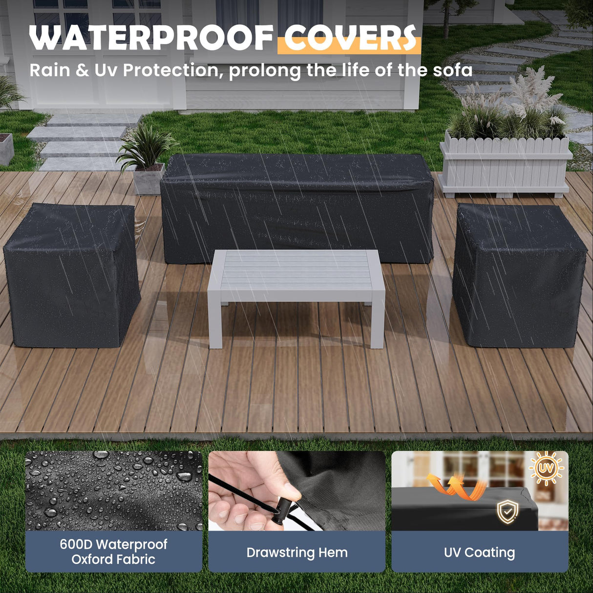 Amopatio Aluminum Patio Furniture Set, 6 Pieces Metal Outdoor Patio Furniture Sets, Outdoor Sectional Modern Sofa Couch with Coffee Table for Pool, Garden, White&Blue (Included Waterproof Covers) Amopatio