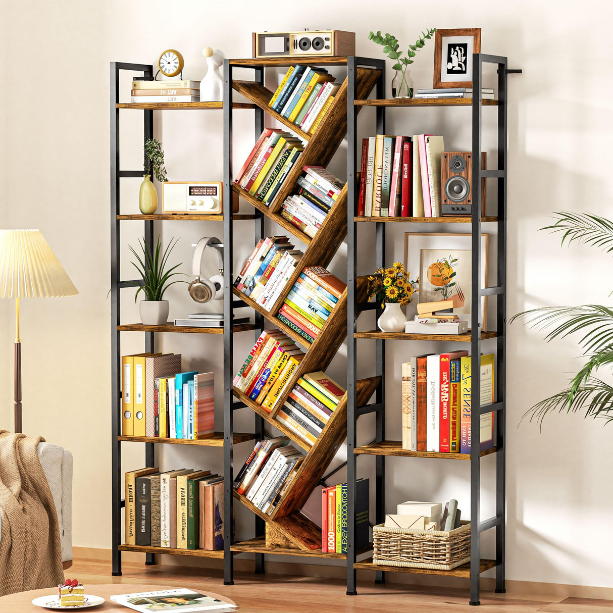 Cutogxon Triple 5 Tier Bookshelf, Large Bookcase Industrial Bookshelf with 19 Open Display Shelf, Wooden Wide Tall Tree Bookshelf for Living Room Home Office, Rustic Brown Cutogxon