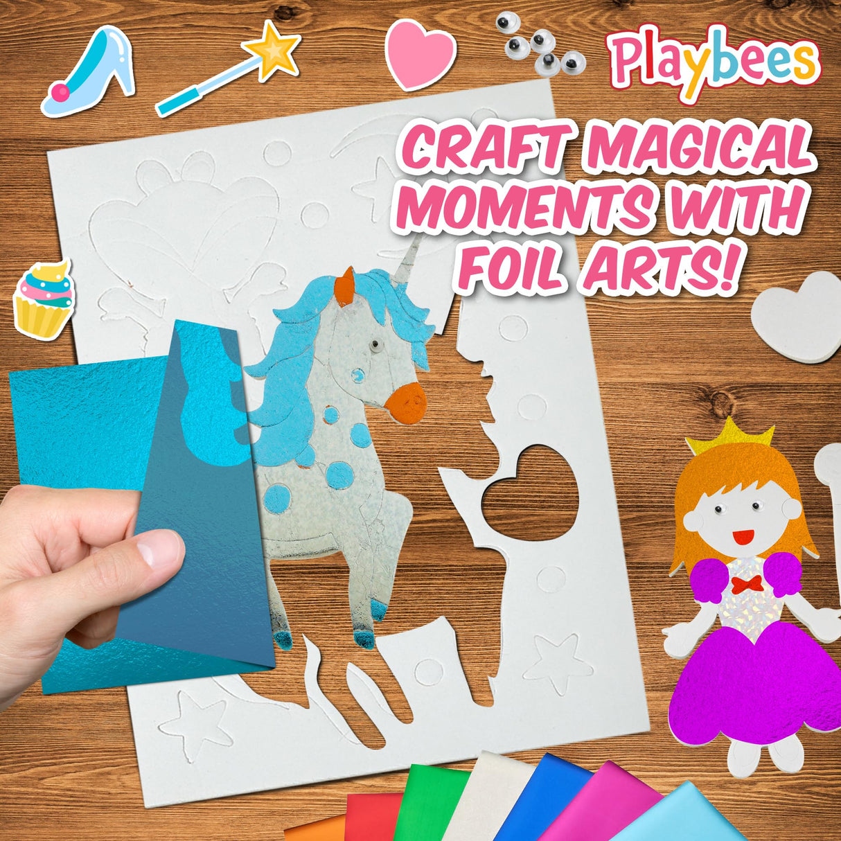 Playbees Foil Art Kit Unicorns & Princesses - Preschool Arts and Crafts Kit for Kids- No Mess Art for Boys & Girls Ages 4, 5, 6, 7, 8, 9 - DIY Creative Activity Art & Craft Activity Playbees