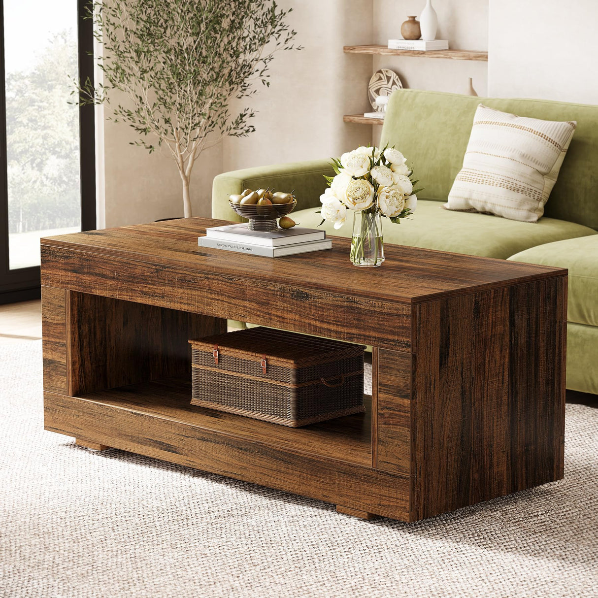Tribesigns Wood Coffee Table for Living Room, 43.3" Modern Farmhouse Coffee Table with Storage, 2-Tier Rectangular Center Table Cocktail Living Room Table with Sturdy Base, Rustic Brown Tribesigns