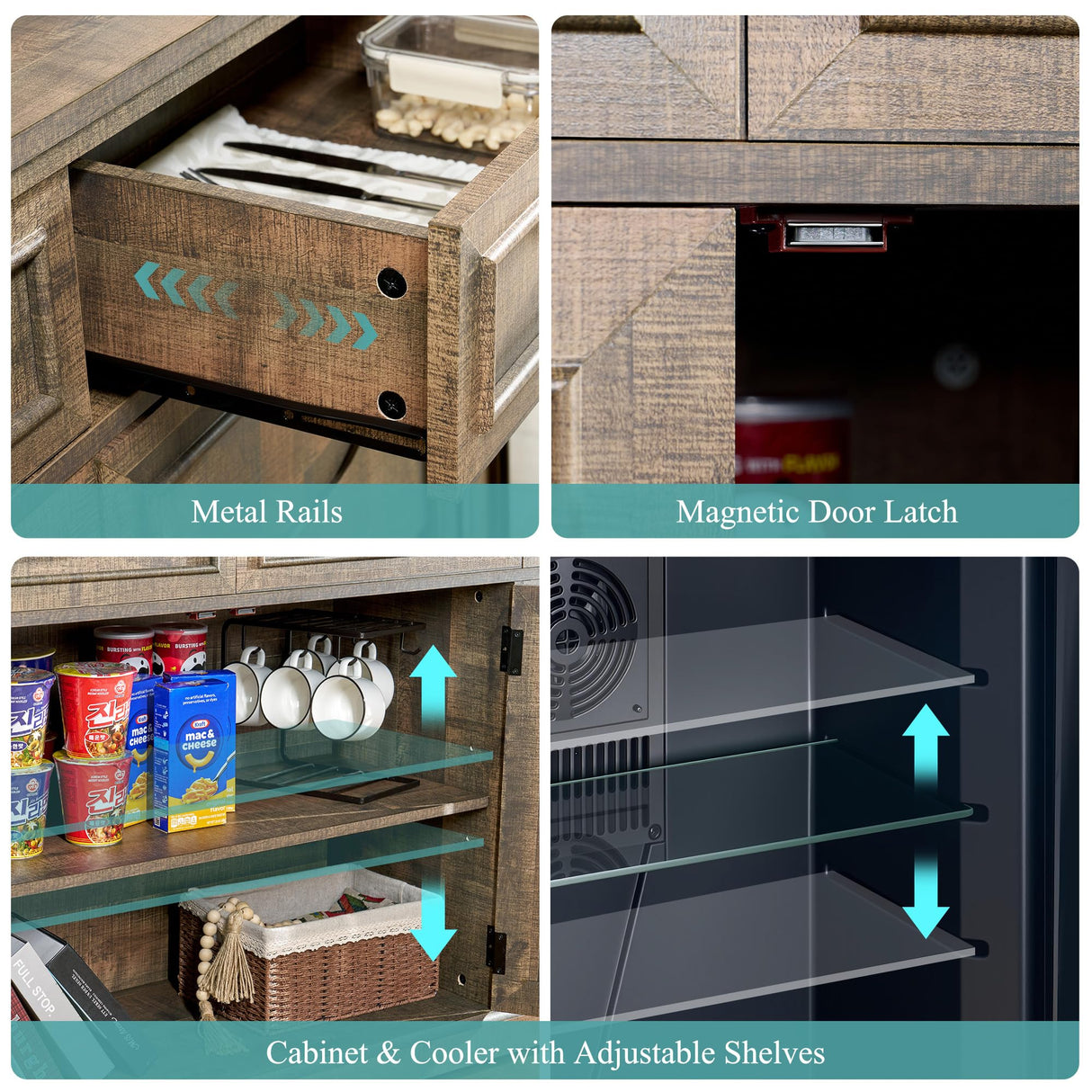 LUXOAK 60" Farmhouse Coffee Bar Cabinet with Beverage Fridge (Included), Wine Bar Cabinet with Drawer Storage, Mini Fridge Cabinet, Sideboard Cabinet for Dining Room, Living Room-Brown LUXOAK