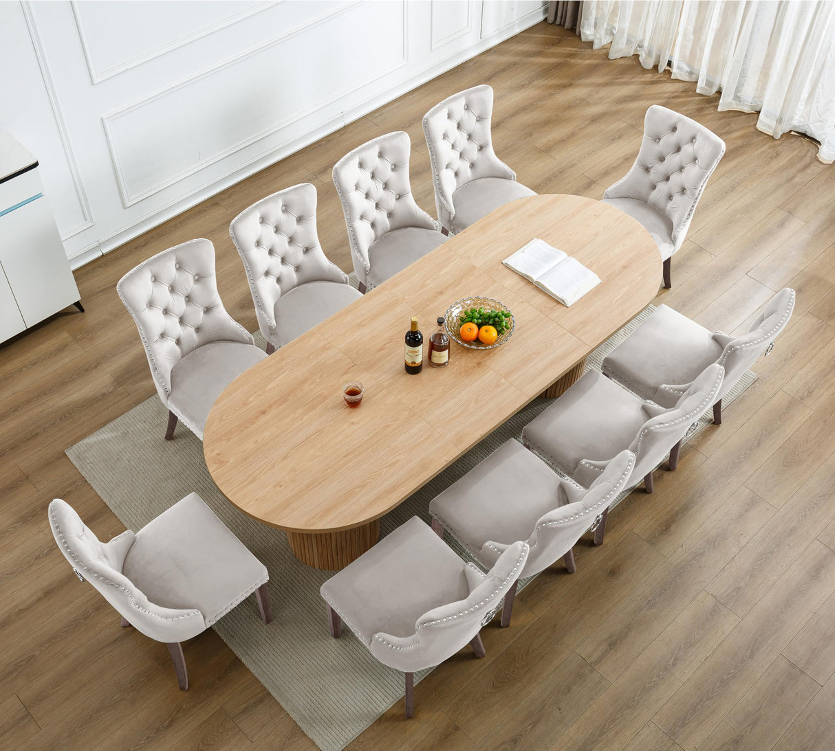 63"-94" Large Extendable Dining Room Table Set for 10, 11-Piece Oval Dining Table Set with 10 Beige Upholstered Chairs, Space Saving Farmhouse Expandable Kitchen Table Set with Fluted Wood Base Pvillez