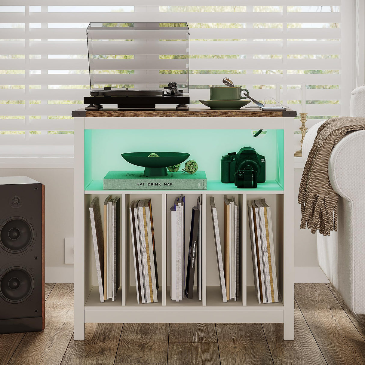 ChooChoo Large Record Player Stand with Charging Station & LED Light, Vinyl Record Holder hold up to 300 Albums, Farmhouse End Table for Bedroom, Living Room, Soft White ChooChoo