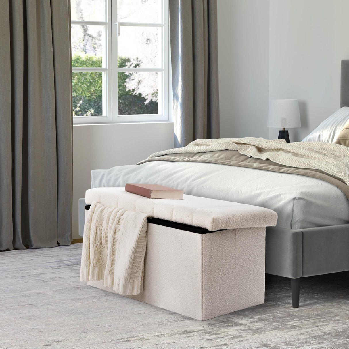 Seville Classics Cushioned Fabric Ottoman Hidden Storage Chest Footrest Chair, Padded Seat for Bedroom, Dorm, Loft, Living Room, Entryway, Hallway, White Boucle, 30" Bench Seville Classics