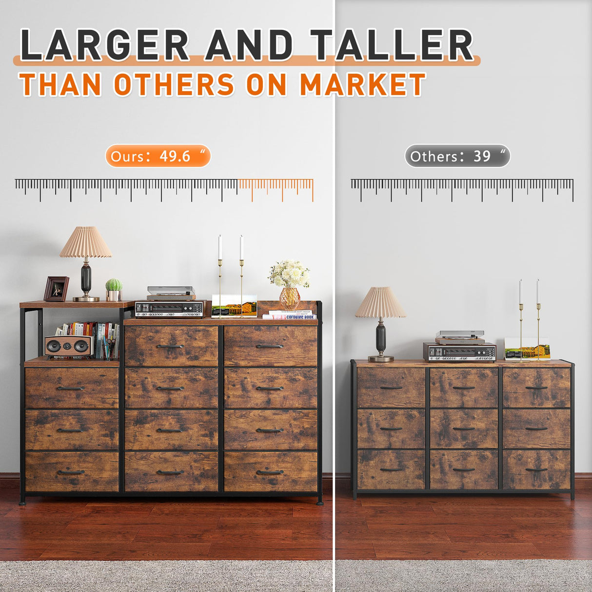 EnHomee Dresser for Bedroom with 11 Drawers Long Dresser TV Stand with Shelves Wide Dressers & Chests of Drawers Large Dresser for Bedroom Dresser, Sturdy Metal Frame, Wood Top, Rustic Brown EnHomee