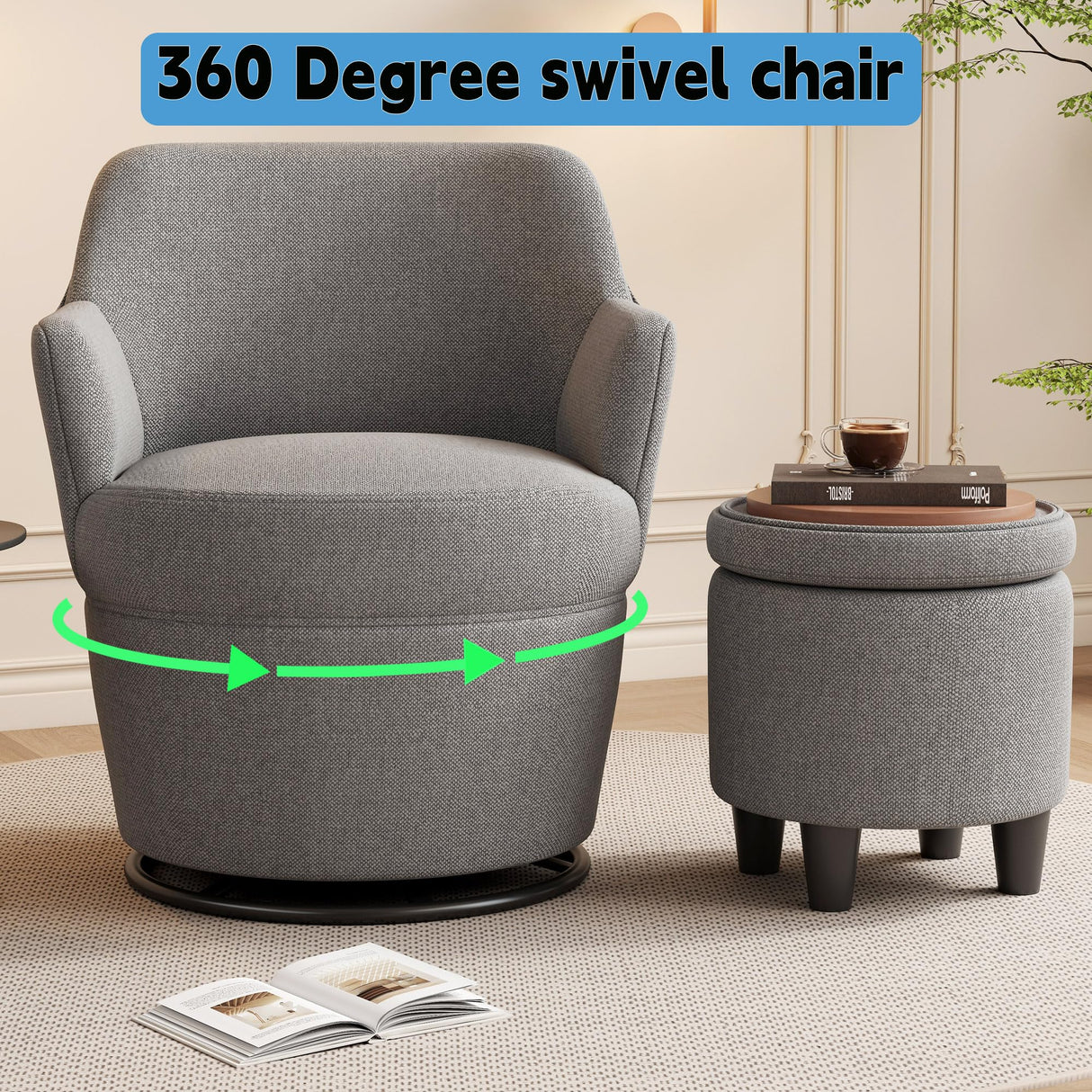 Ball & Cast Swivel Accent Arm Chair with Storage Ottoman, 360°-Swivel Barrel Chair and Footstool, Backrest Recliner Chair w/Ottoman, High Back Linen Single Sofa Side-Chair Stool w/Tray, Grey Ball & Cast