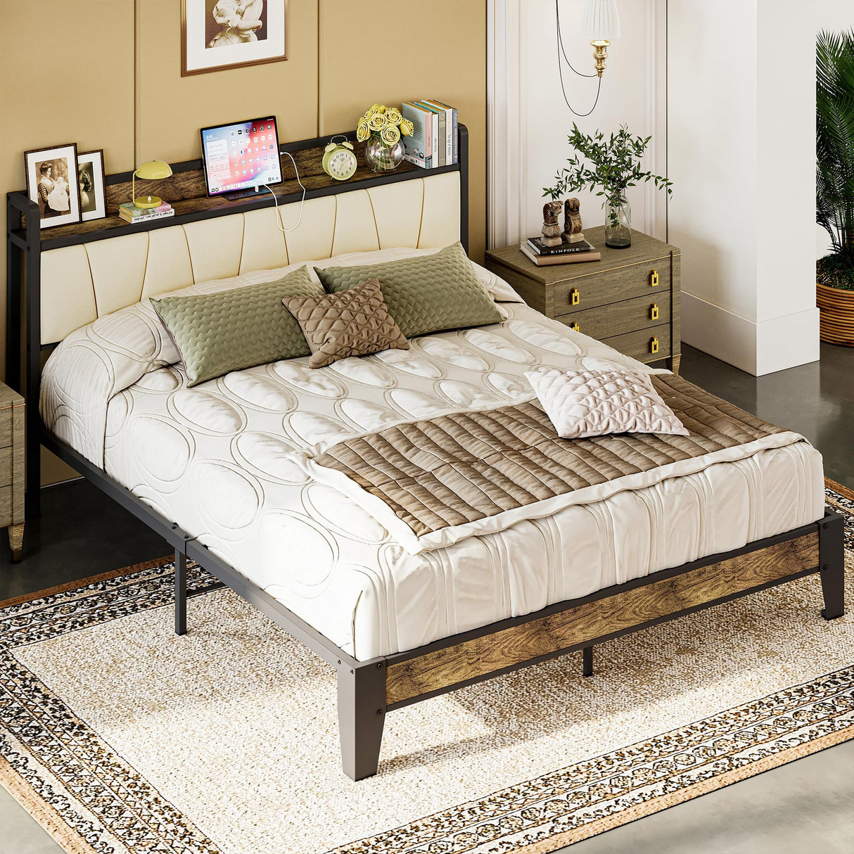 LIKIMIO Queen Bed Frame, Storage Headboard with Charging Station, Solid and Stable, Noise Free, No Box Spring Needed, Easy Assembly (Walnut and Beige) LIKIMIO