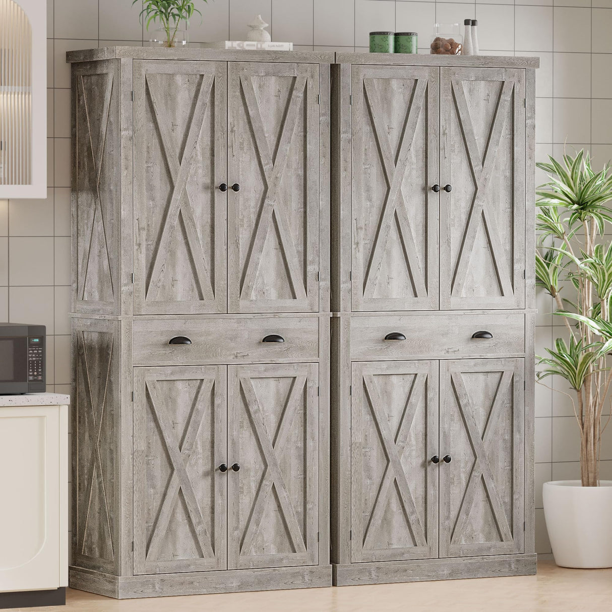 IRONCK Kitchen Pantry Storage Cabinet 72.6" H, with Barn Doors, Drawer, 4 Adjustable Shelves, Freestanding Cupboard for Dining Room Living Room, Laundry, Rustic Maple IRONCK