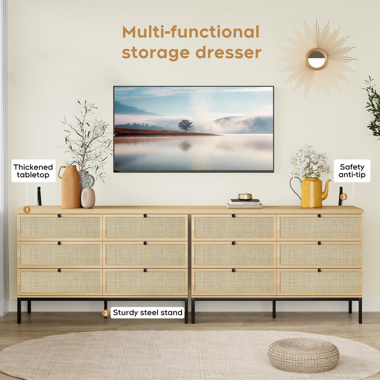 Brafab Natural Rattan 6 Drawer Double Dresser for Bedroom, Industrial Wood Clothing Organizer Boho Dresser, Wide Storage Chest of Drawers Dresser with Sturdy Steel Legs for Living Room, Hallway Brafab