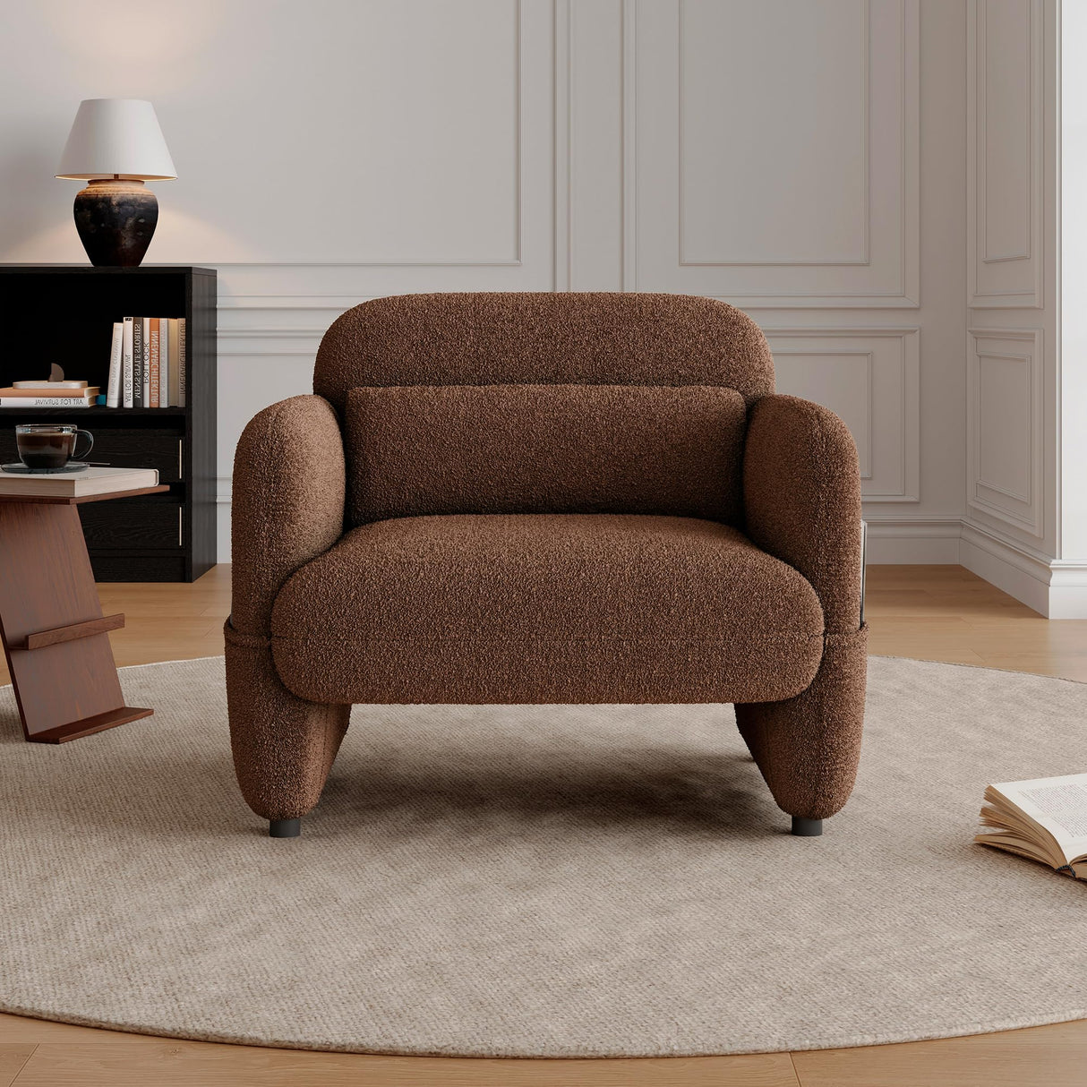 ISHUHL 33.46" Accent Chair, Oversized Sherpa Lamb Fabric Armchair Big Comfy Upholstered Armed Chair Single Sofa Chair with Waist Pillow for Bedroom, Living Room (Dark Brown) ISHUHL