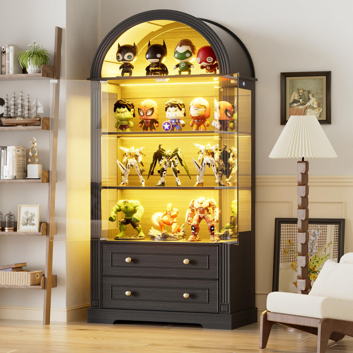 PAKASEPT 73'' Tall Arched Display Cabinet with Glass Doors,4-Tier Curio Cabinet with LED Lights for Collectibles Bookcase,Farmhouse Bookshelf China Storage Kitchen Pantry for Living Room,Black PAKASEPT