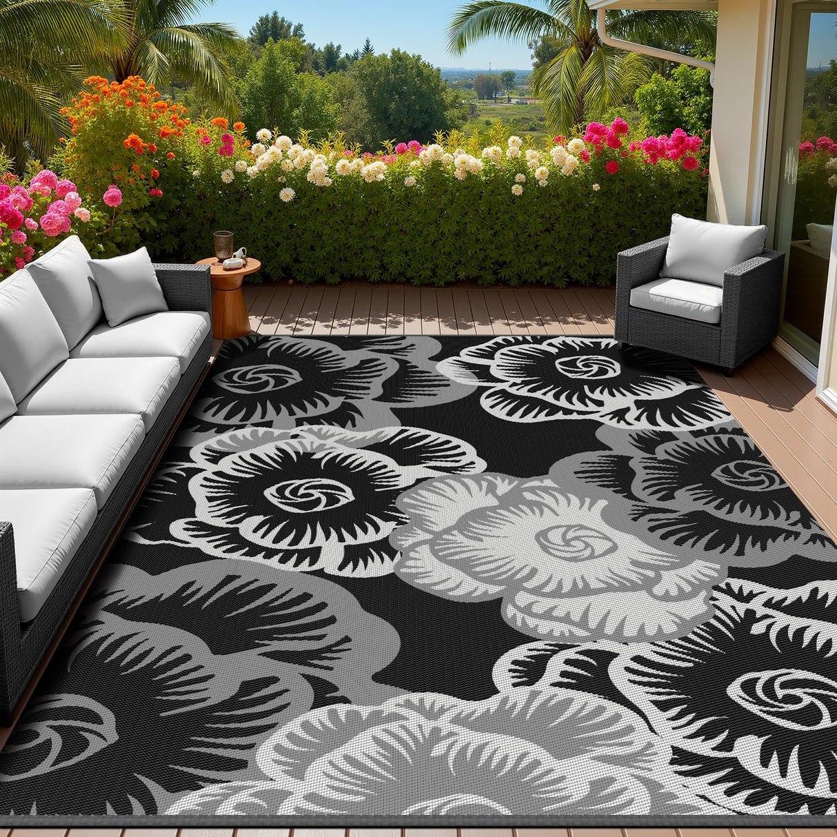 MontVoo Outdoor Rug-Waterproof Patio Rug Mat 5x8 ft Outdoor Carpet Mat Reversible Plastic Straw Outside Outdoor Rug for RV Camping Picnic Beach Balcony Backyard Pool Deck Porch Farmhouse Floral Black MontVoo