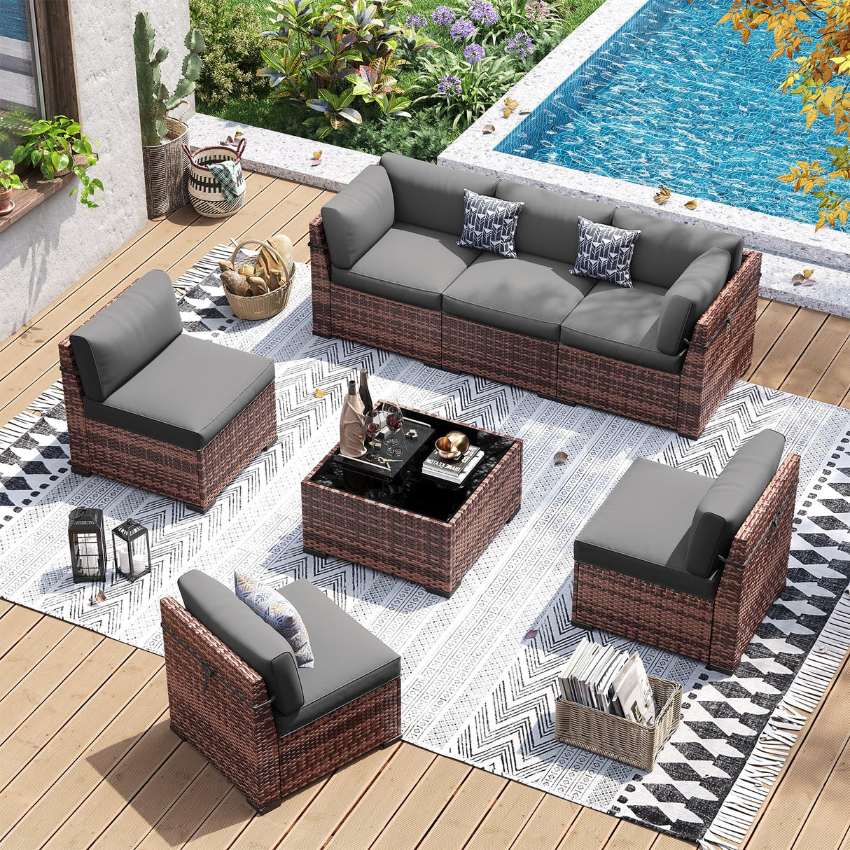 UDPATIO Patio Furniture Set, Modular Outdoor Sectional with 105°Slanted Back, 7 Pieces Rattan Conversation Set for Poolside, Backyard, Deck, with Coffee Table, Waterproof Cover,Grey UDPATIO
