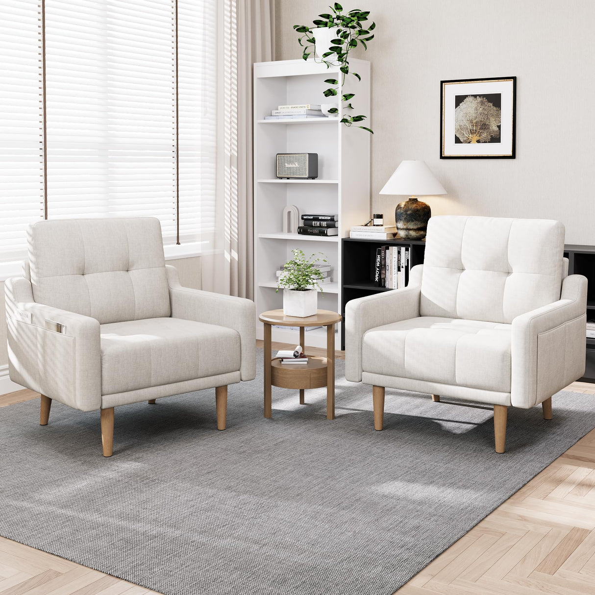 EJUNQ Mid Century Modern Accent Chair ,Upholstered Armchair,Comfy Reading Chair with Wood Legs,Fabric Single Sofa Chair for Living Room Bedroom Small Spaces(Ivory) EJUNQ