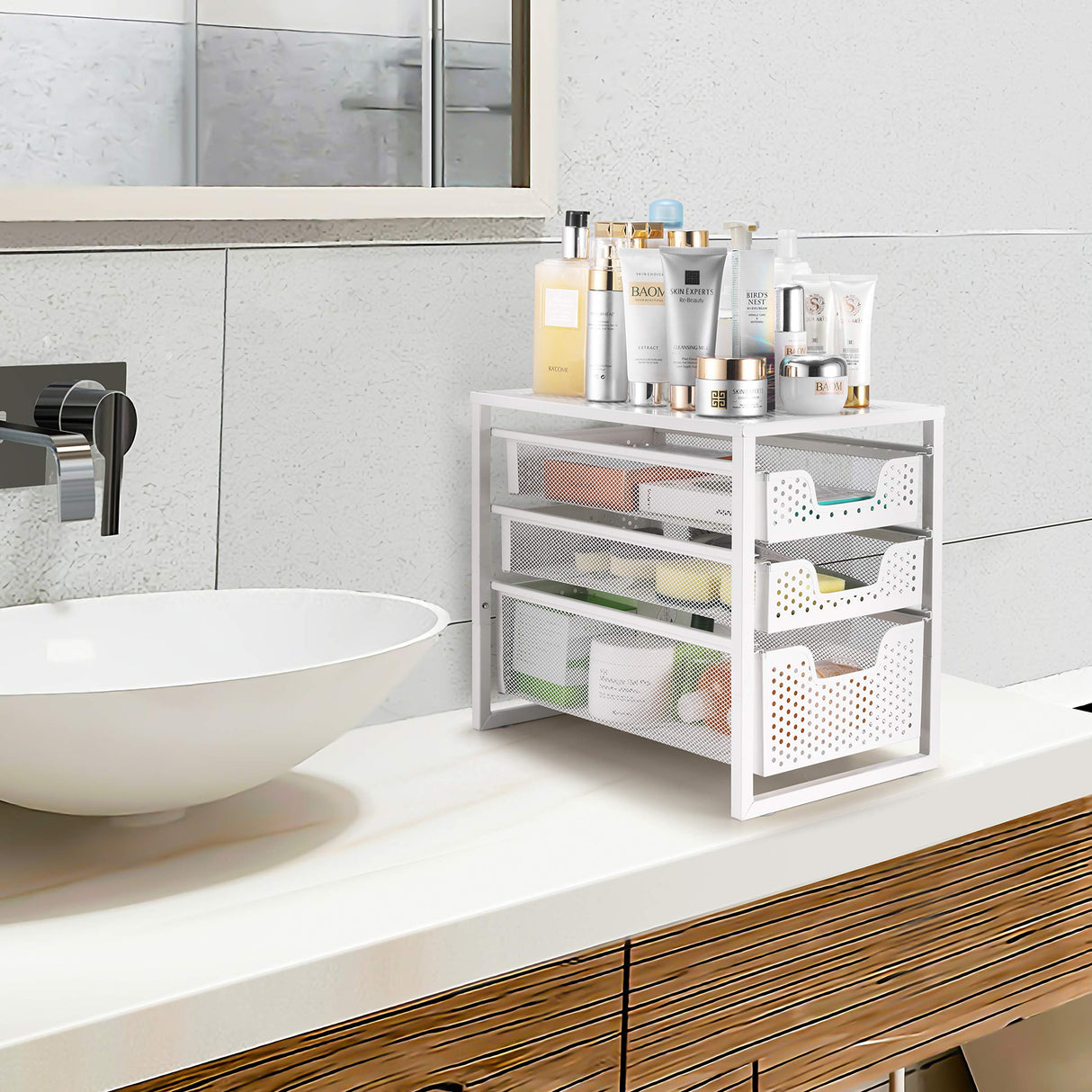 Simple Trending 3-Tier Under Sink Cabinet Organizer with Sliding Storage Drawer, Desktop Organizer for Kitchen Bathroom Office, Stackbale,White Simple Trending