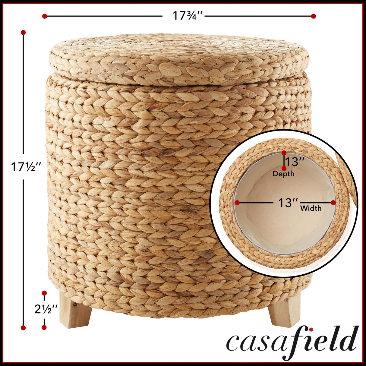 Casafield 17" Round Storage Ottoman with Lid - Natural, Handwoven Water Hyacinth Footstool for Living Room, Bedroom, Bathroom, Home Office Casafield