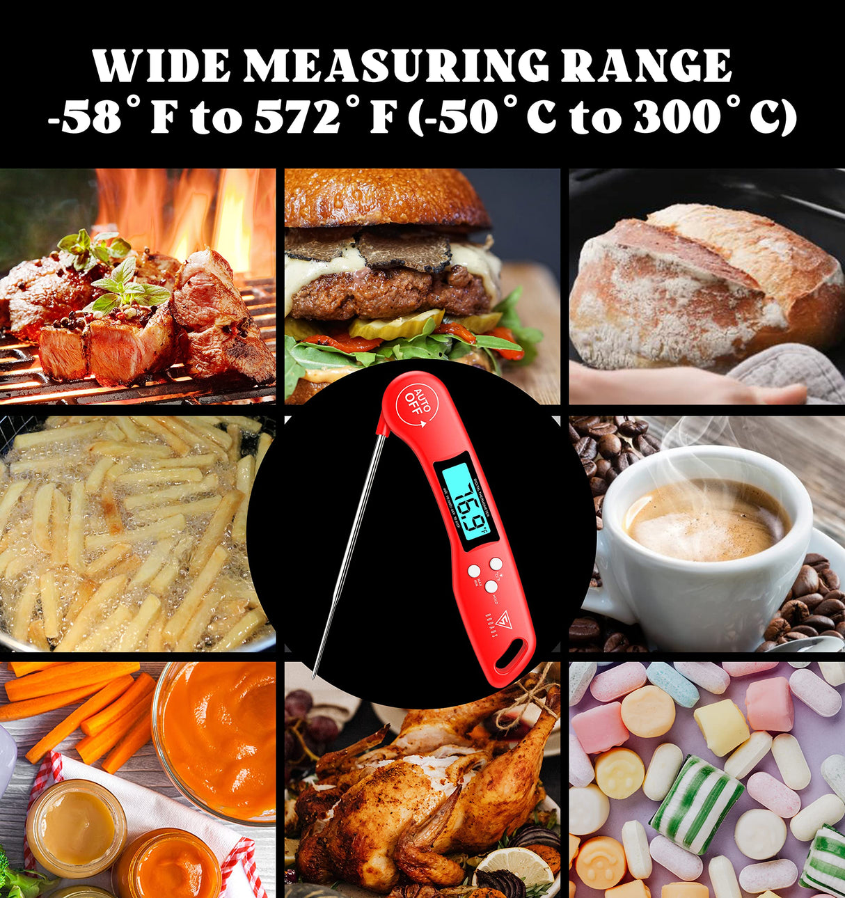 DOQAUS Digital Meat Thermometer, Instant Read Food Thermometers for Cooking, Kitchen Probe with Backlit & Reversible Display, Wide Temperature Range for Turkey, Grill, BBQ, Baking, Bread, Sourdough DOQAUS
