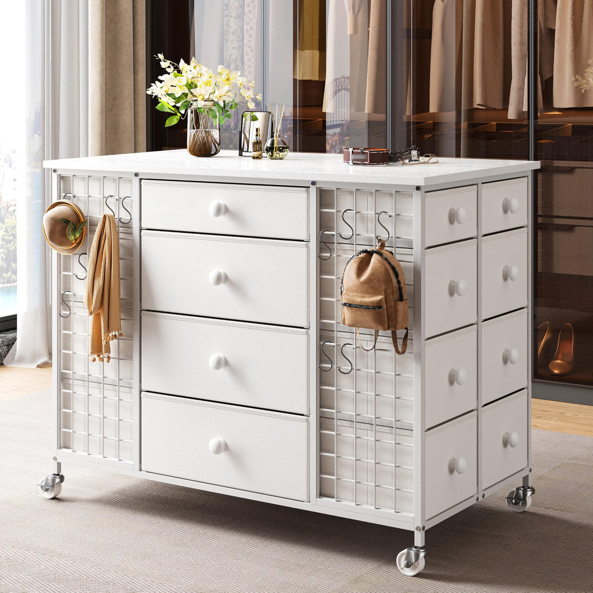 EnHomee White Closet Island with 24 Drawers,Wardrobe Armoire Bedroom Closet Drawer with Wheels & 40"* 23" Wide Wooden Top, White Drawer Dresser for Cloakroom,Dressing Room,White EnHomee