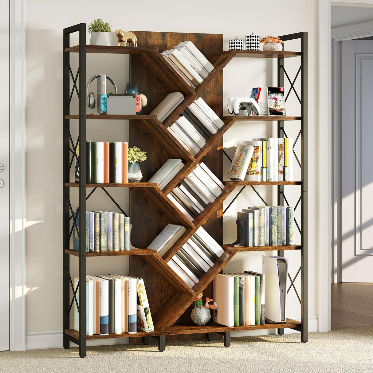 YITAHOME Industrial Tree Bookshelf, Large 5 Tier Bookcase Tall Standing Book Shelves Organizer Display Rack for Living Room Home Office, Rustic Brown YITAHOME