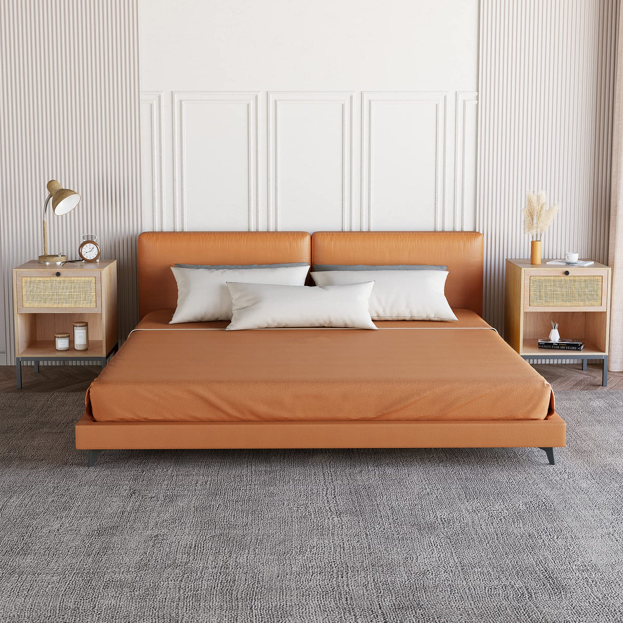 Rattan Nightstand Set of 2, End Table, Bedside Table, Rattan Side Table with Handmade Natural Rattan Decorative Door, Accent Table, Modern Nightstand for Bedroom, Living Room Yechen