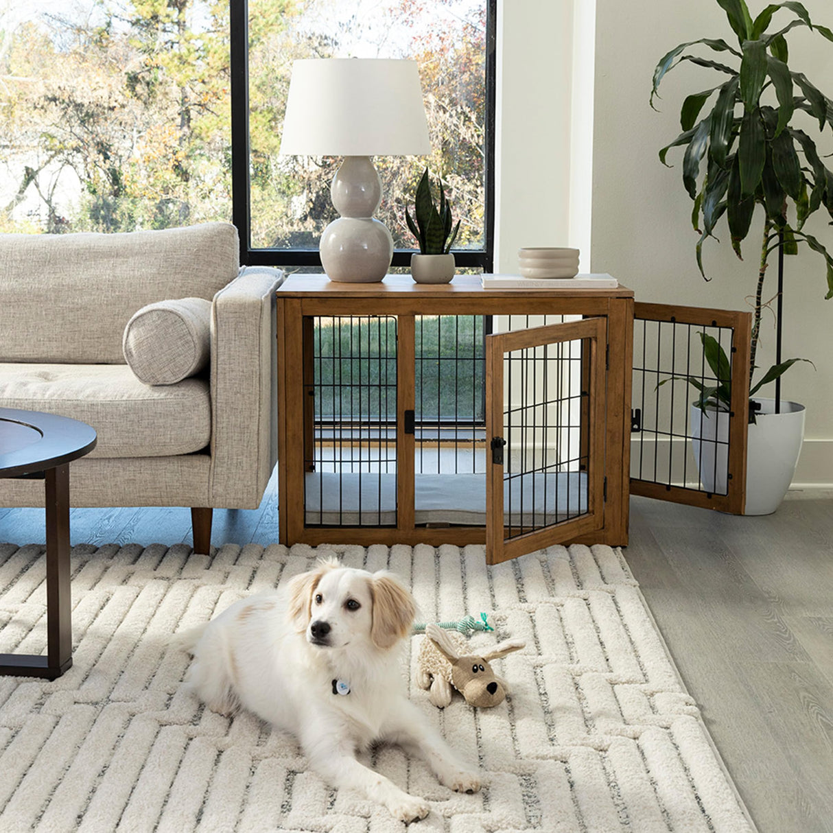 Furniture-Style Dog Crate - Acacia Wood Kennel for Medium Dogs with Double Doors and Cushion - Dog Cage Furniture by PETMAKER (Natural) PETMAKER